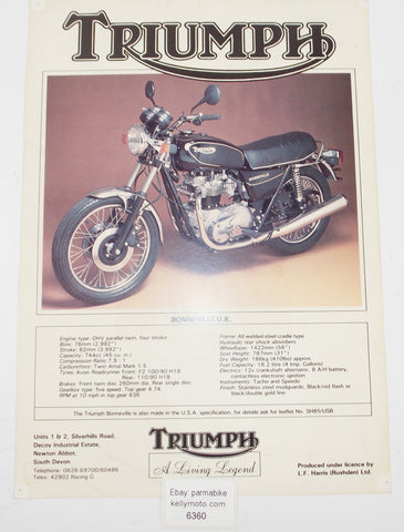 1980's TRIUMPH BONNEVILLE DEALER PAMPHLET BROCHURE ADVERTISEMENT TECHNICAL SPECS - MotoRaider